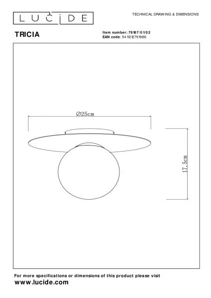 Lucide TRICIA - Plafonnière - Ø 25 cm - 1xE27 - Mat Goud / Messing - technisch